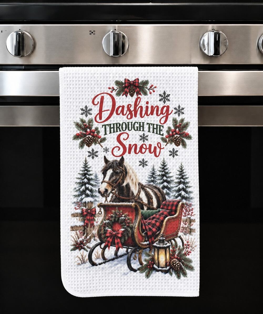 Dashing Through the Snow Horse Sleigh Christmas Kitchen Towel